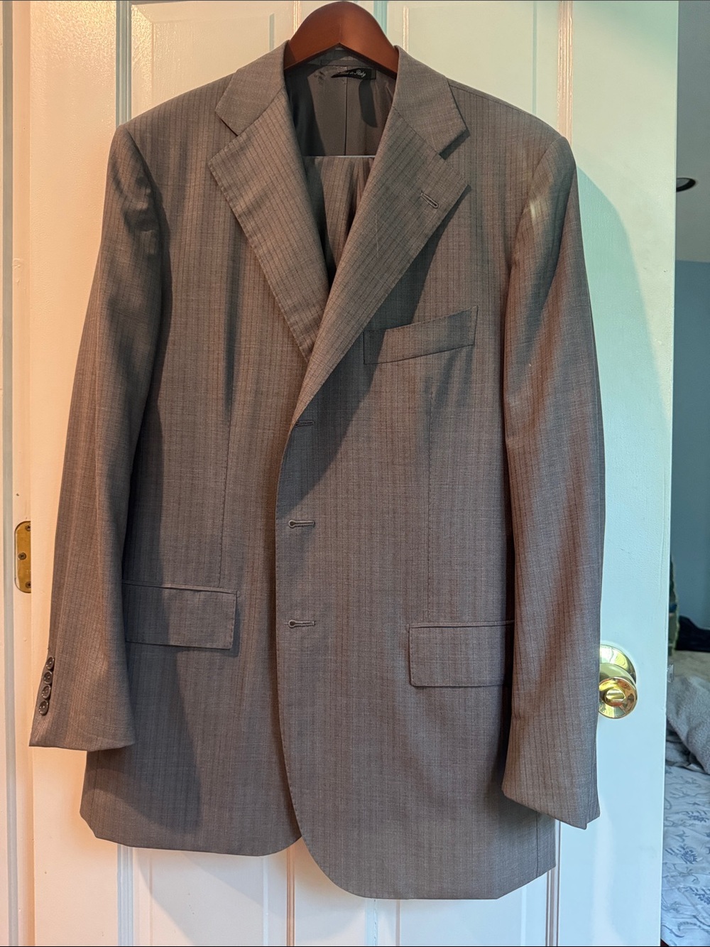 Men's Gray Pinstripe Two-Button Suit Jacket